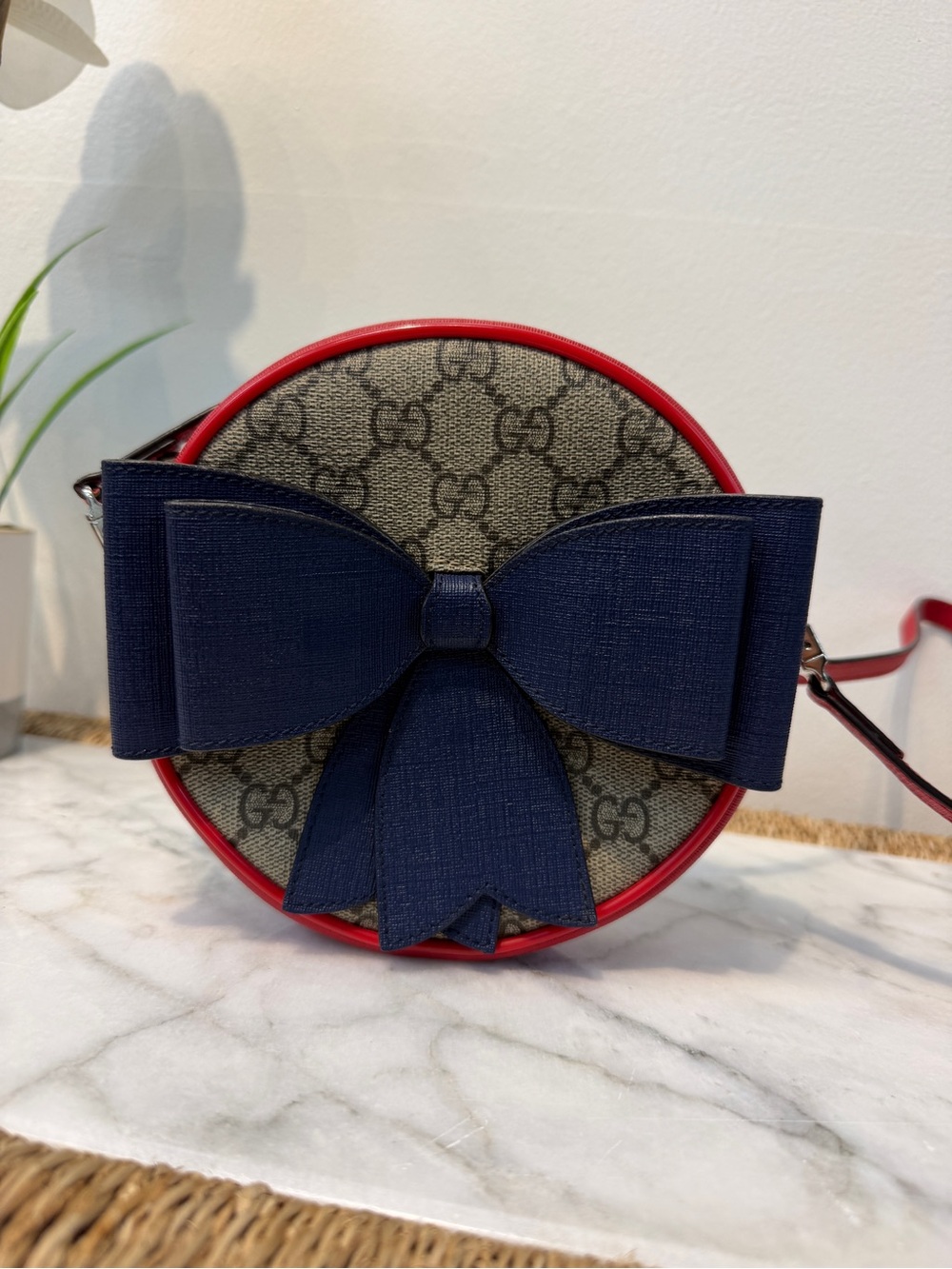 Gucci Beige GG Canvas Round Crossbody Bag with Navy Bow and Red Trim kids style